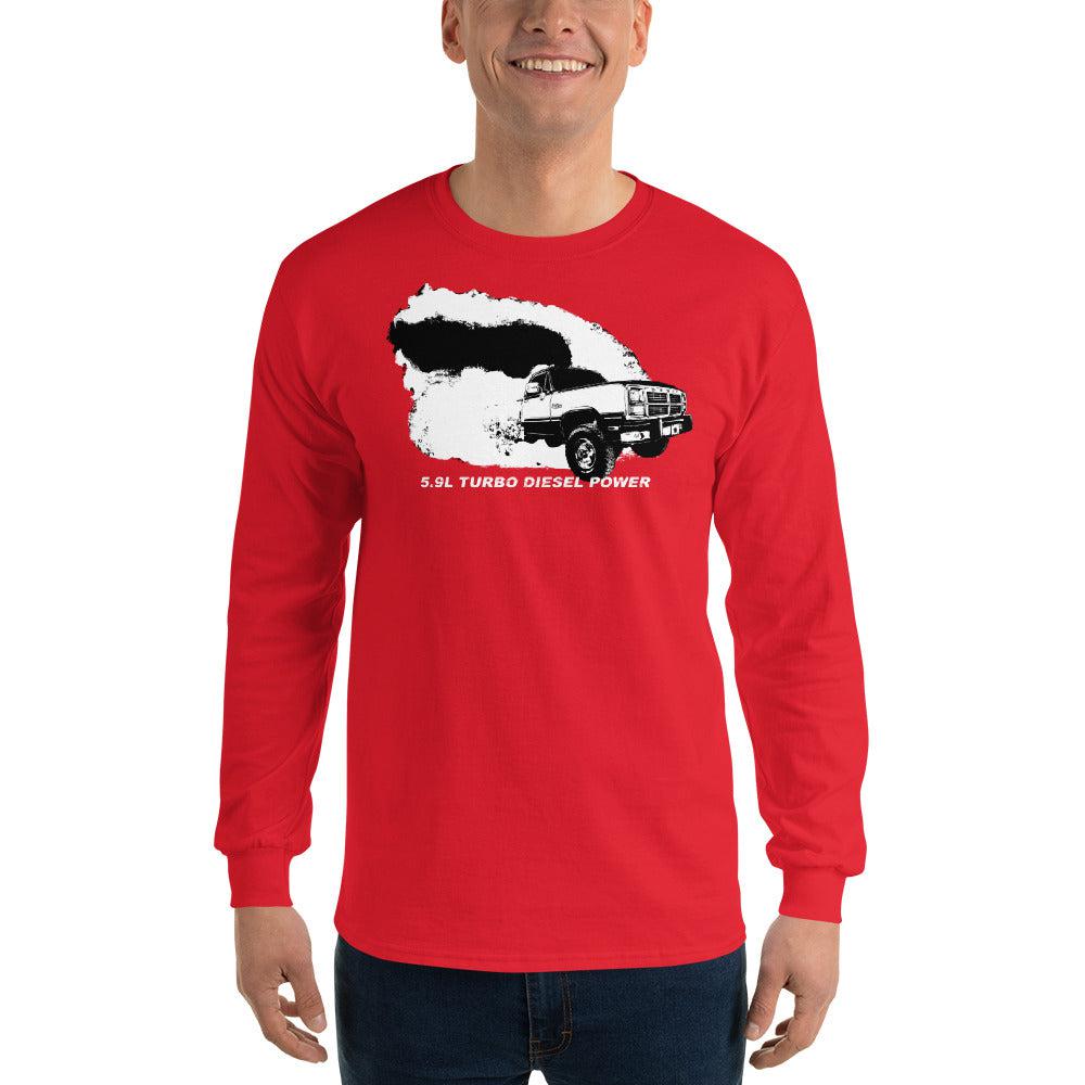 1st gen diesel truck rolling coal long sleeve shirt modeled in red