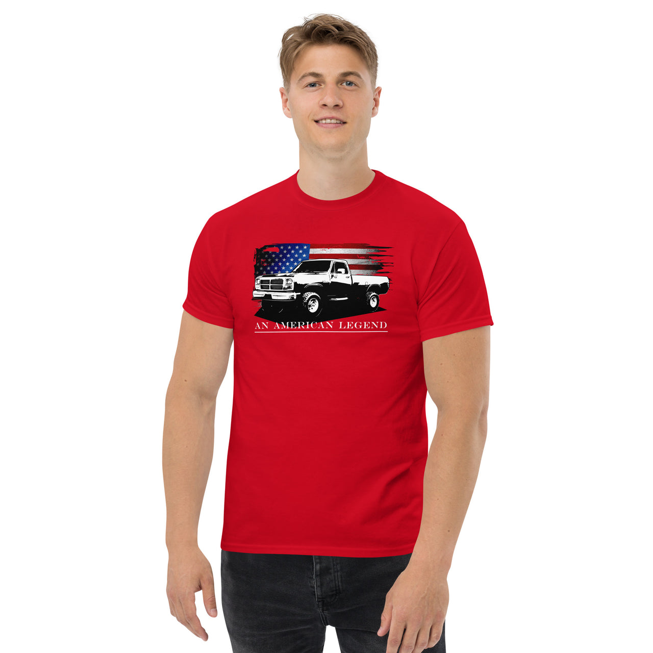 first gen ram american flag tshirt modeled in red