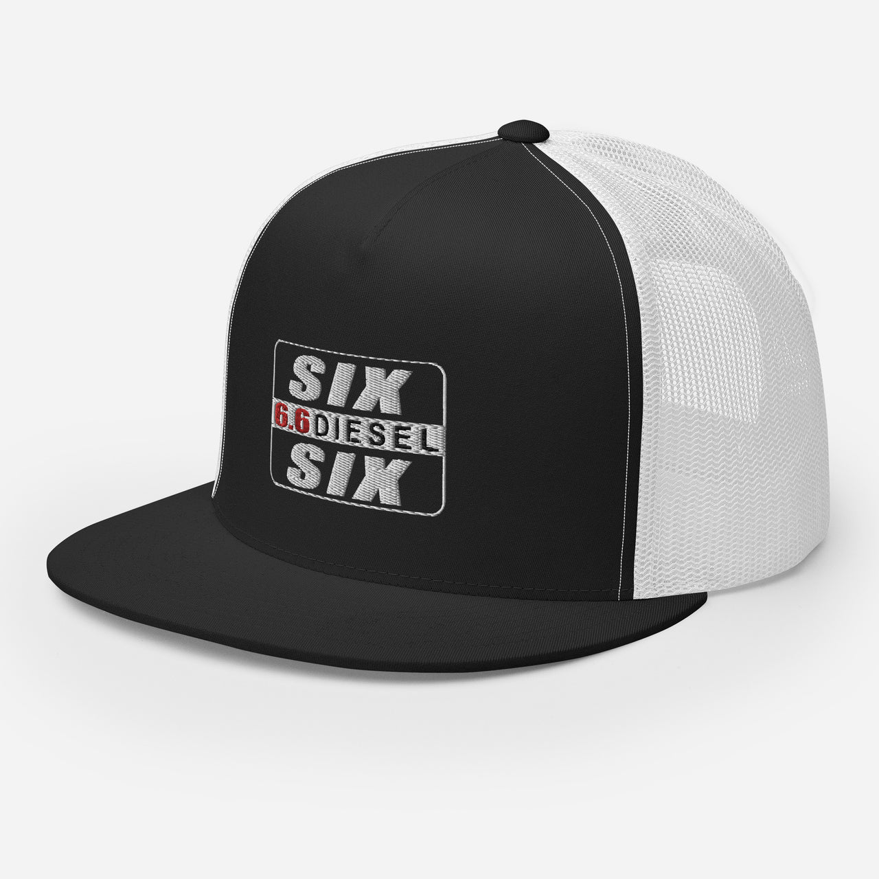 Duramax Trucker hat in black and white 3/4 view