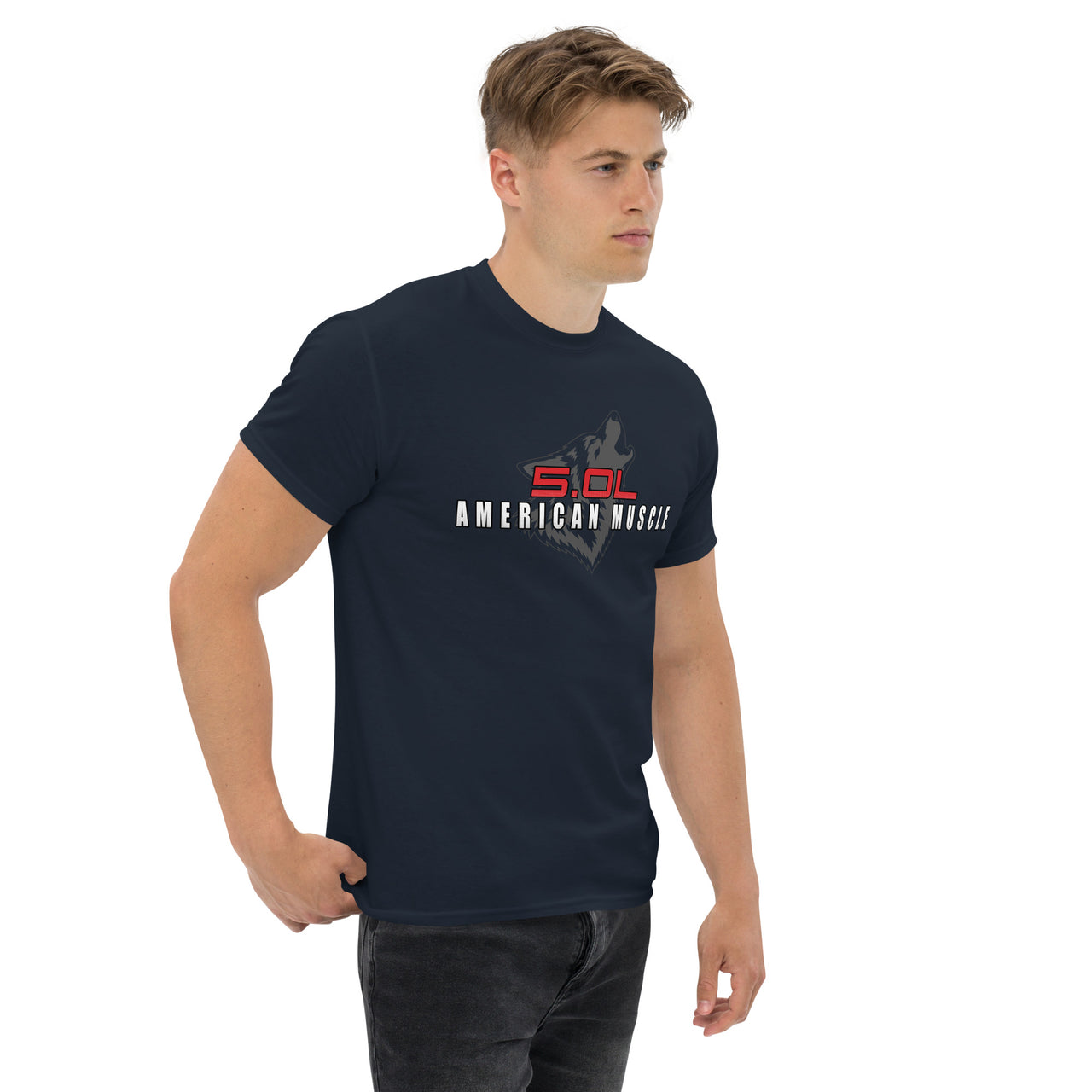 5.0 Coyote Mustang or F150 T-Shirt modeled in navy