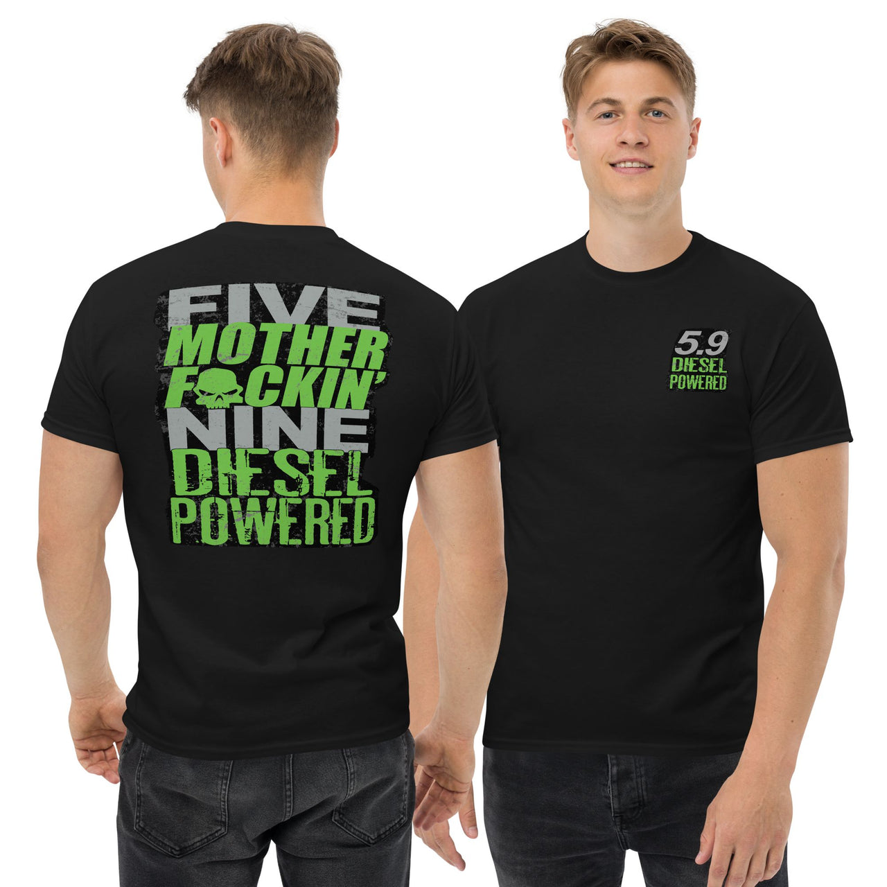 Five MF'N Nine 5.9 Diesel Truck T-Shirt modeled in black