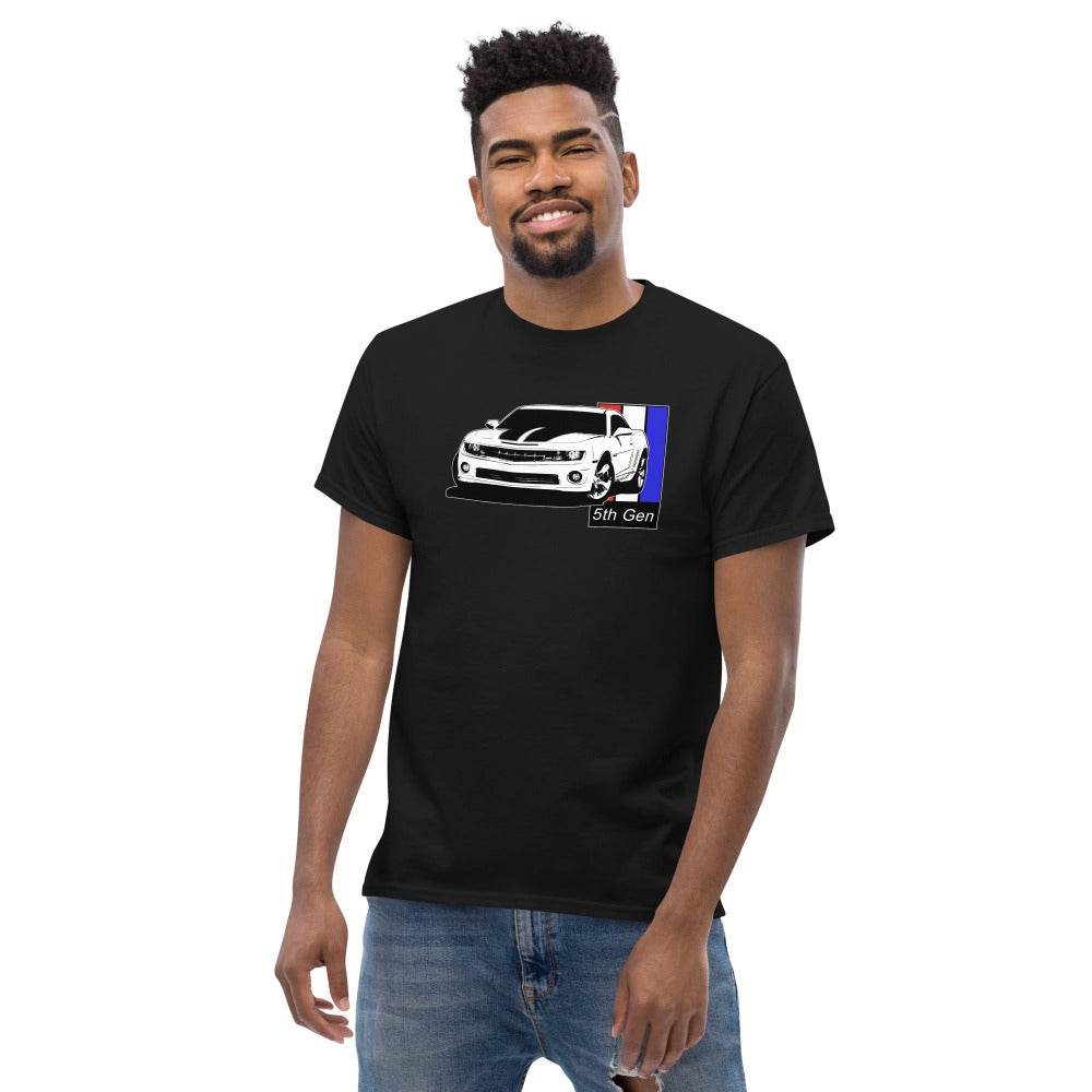man modeling a 5TH Gen Camaro T-Shirt, Modern Muscle Car Shirt in black