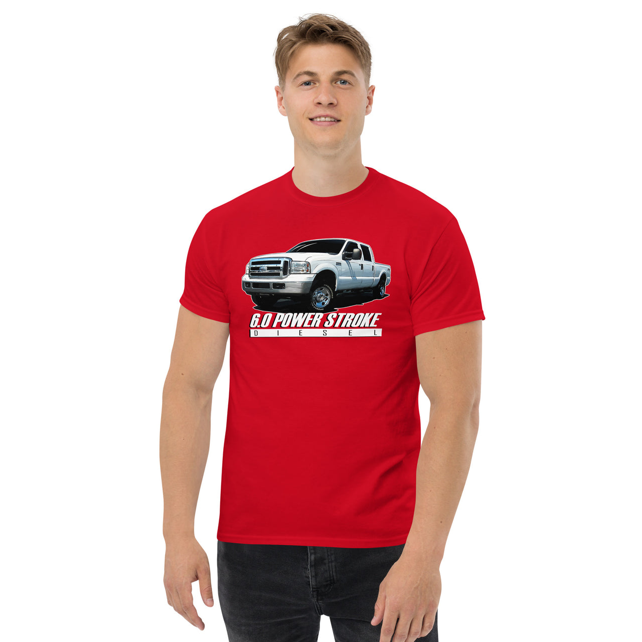 6.0 Power Stroke Diesel T-Shirt modeled in red