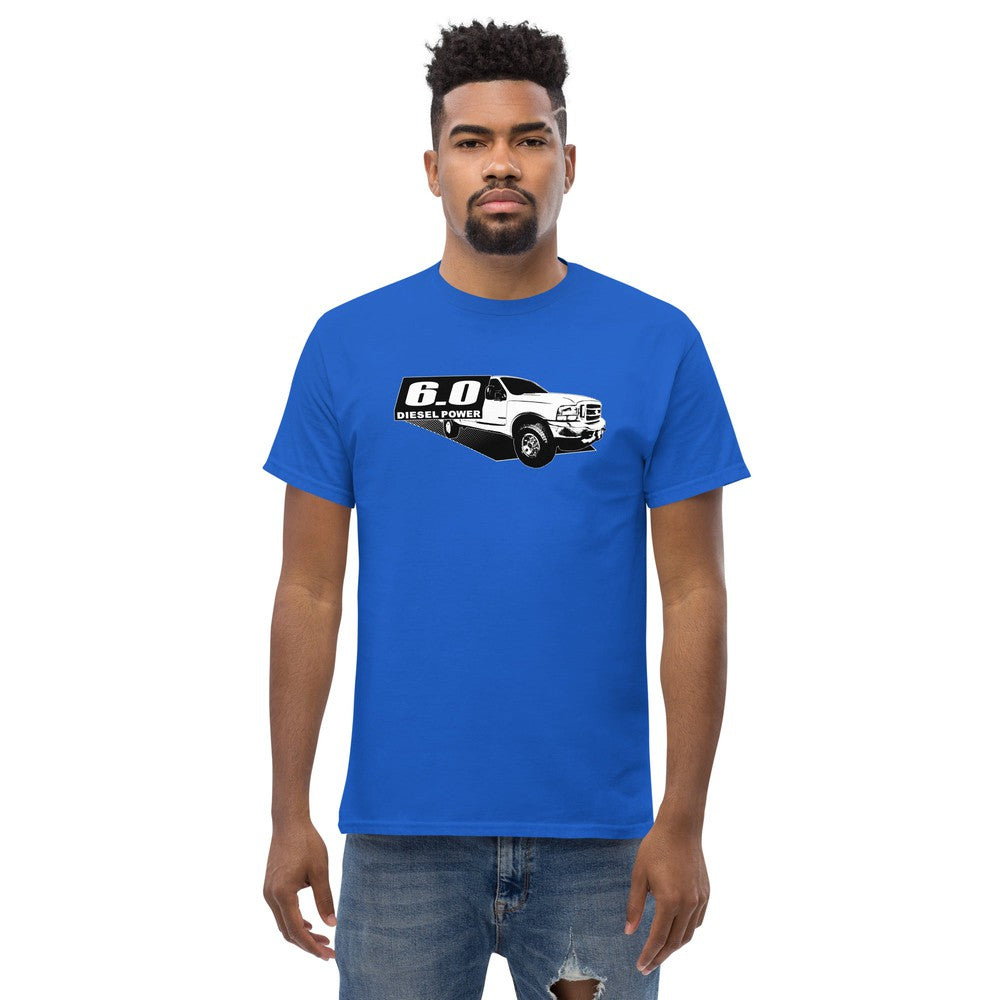 Power Stroke 6.0 Diesel Truck T-Shirt modeled in blue