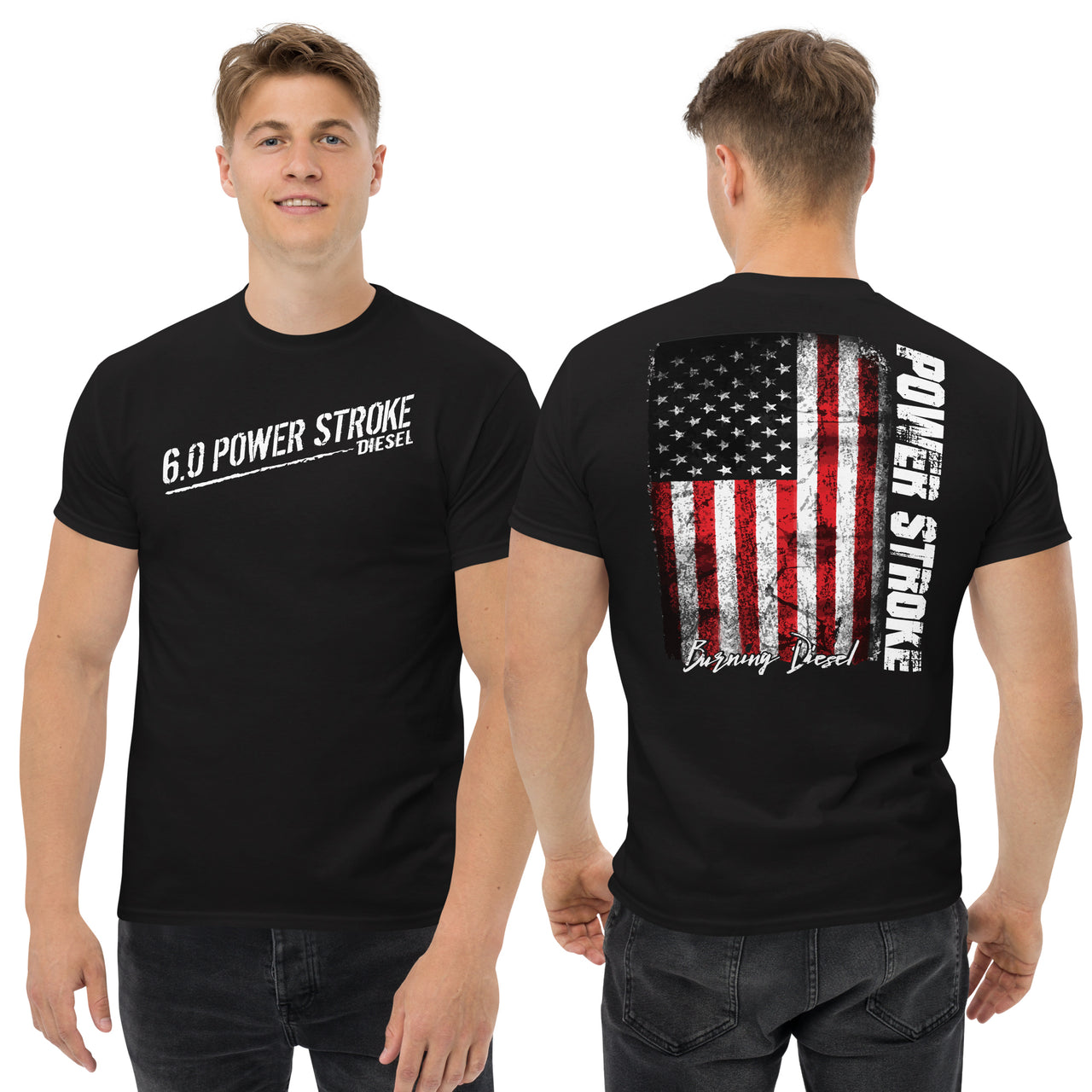 6.0 Powerstroke American Flag T-Shirt modeled in black