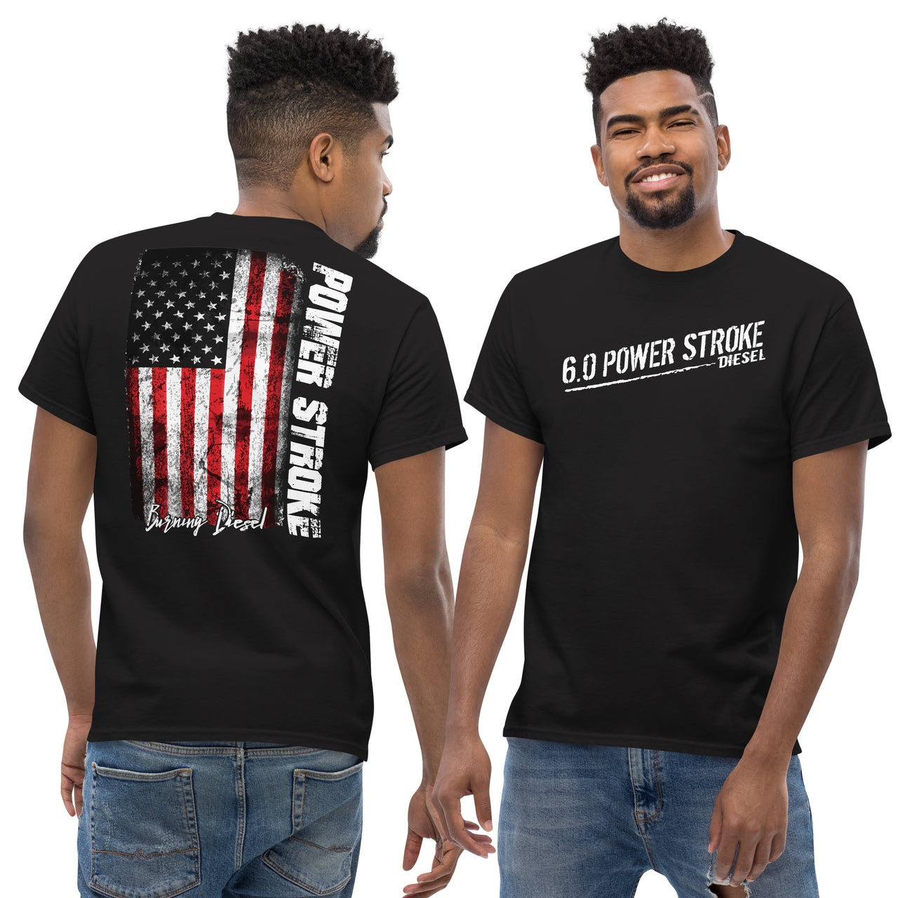 6.0 Powerstroke American Flag T-Shirt modeled in black