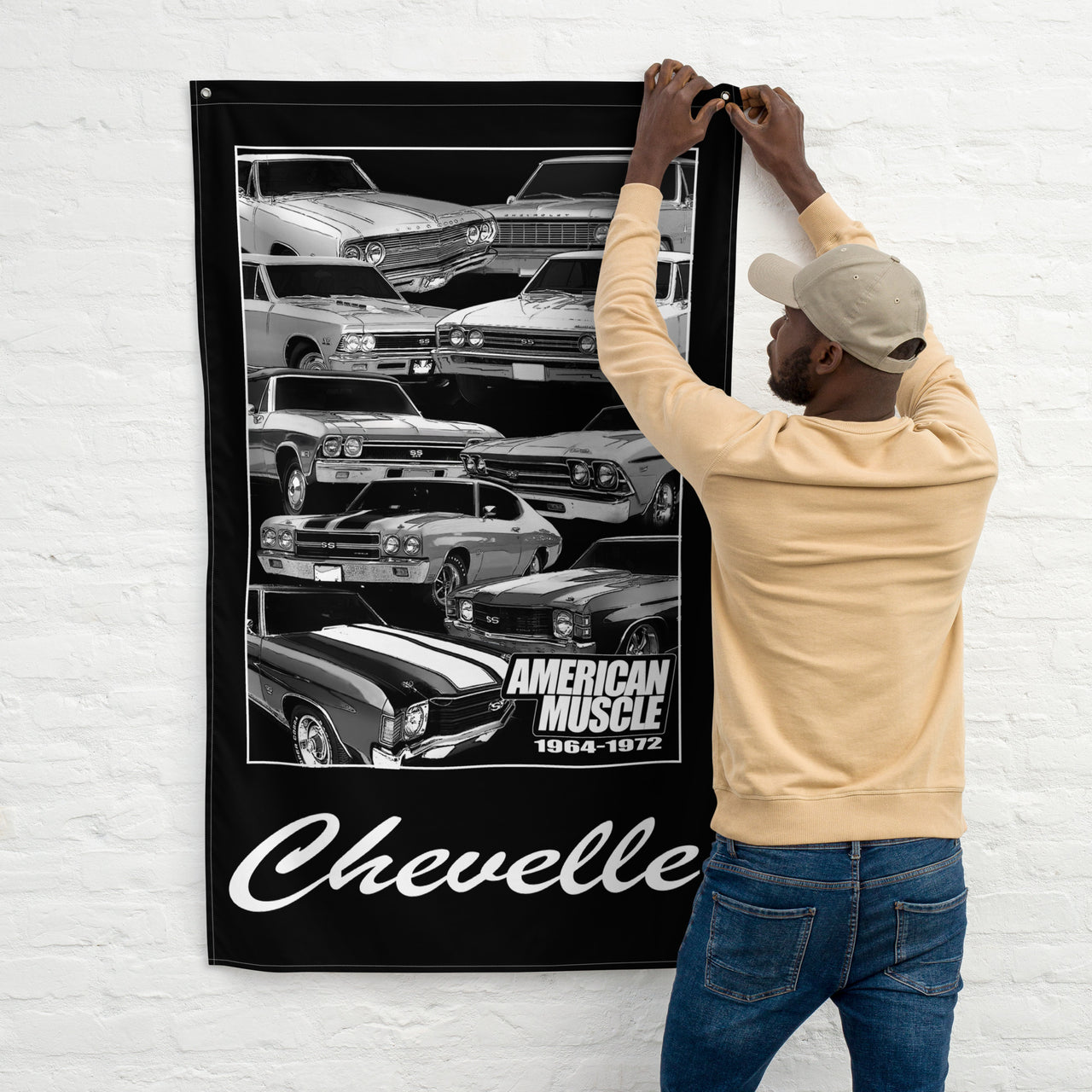 man-hanging-64-72-chevy-chevelle-flag-front