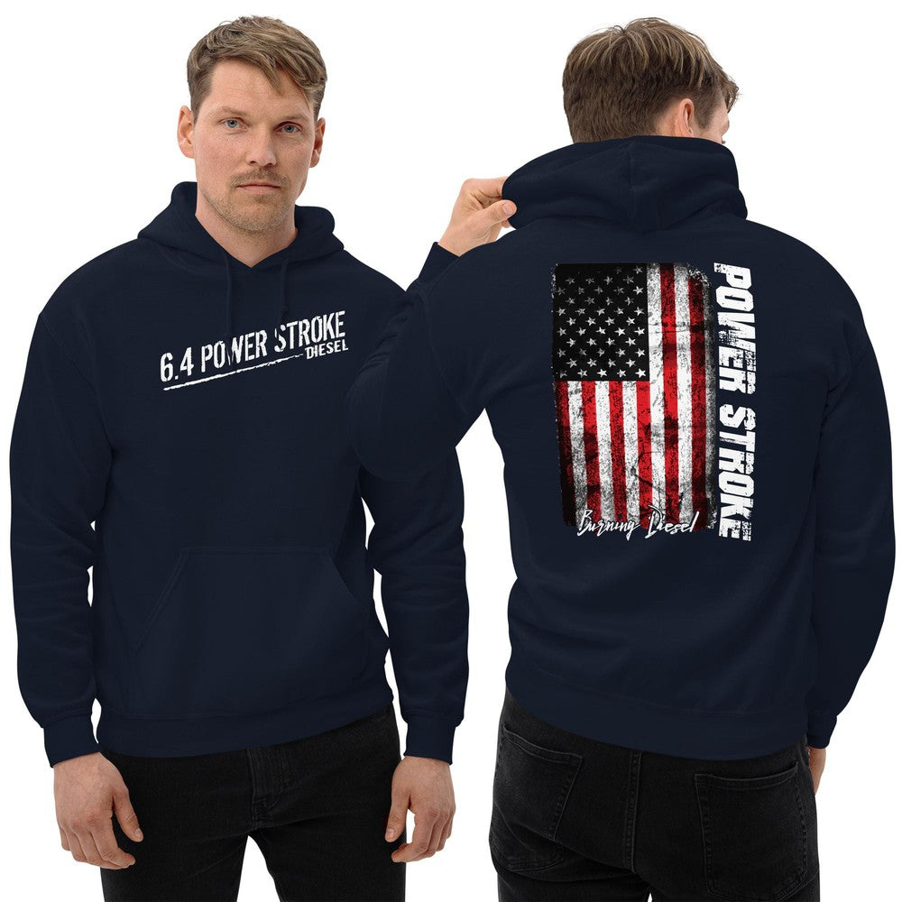 6.4 Power Stroke hoodie sweatshirt modeled in navy