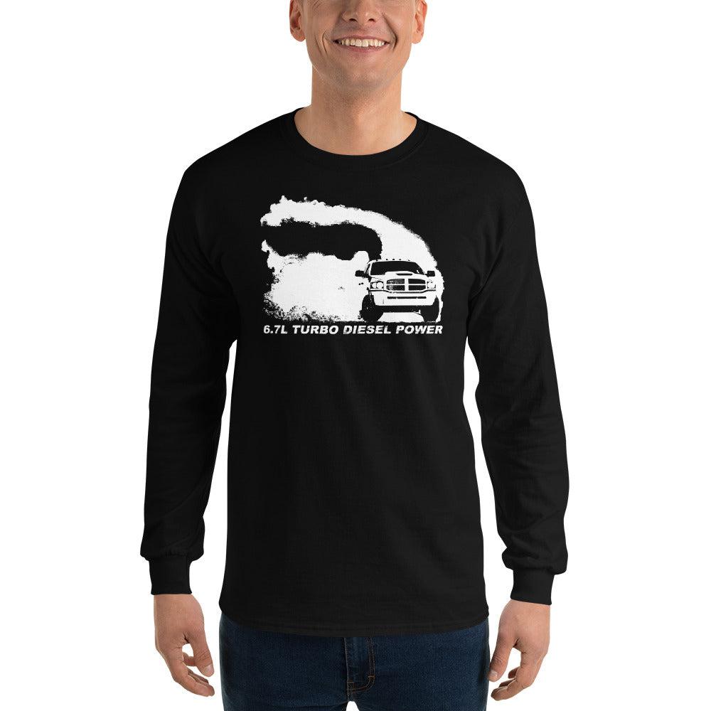 6.7 3rd Gen Truck Rolling Coal Burnout Long Sleeve T-Shirt modeled in black