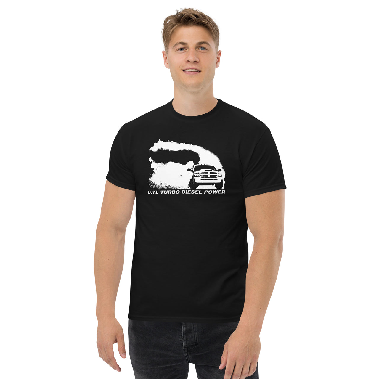 6.7 3rd Gen Burnout Truck T-Shirt modeled in black