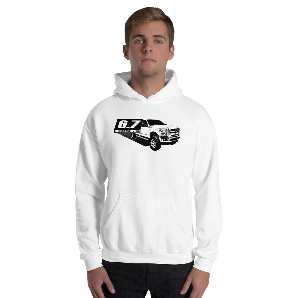 6.7 Powerstroke Hoodie Power Stroke Sweatshirt With Diesel Truck modeled in white