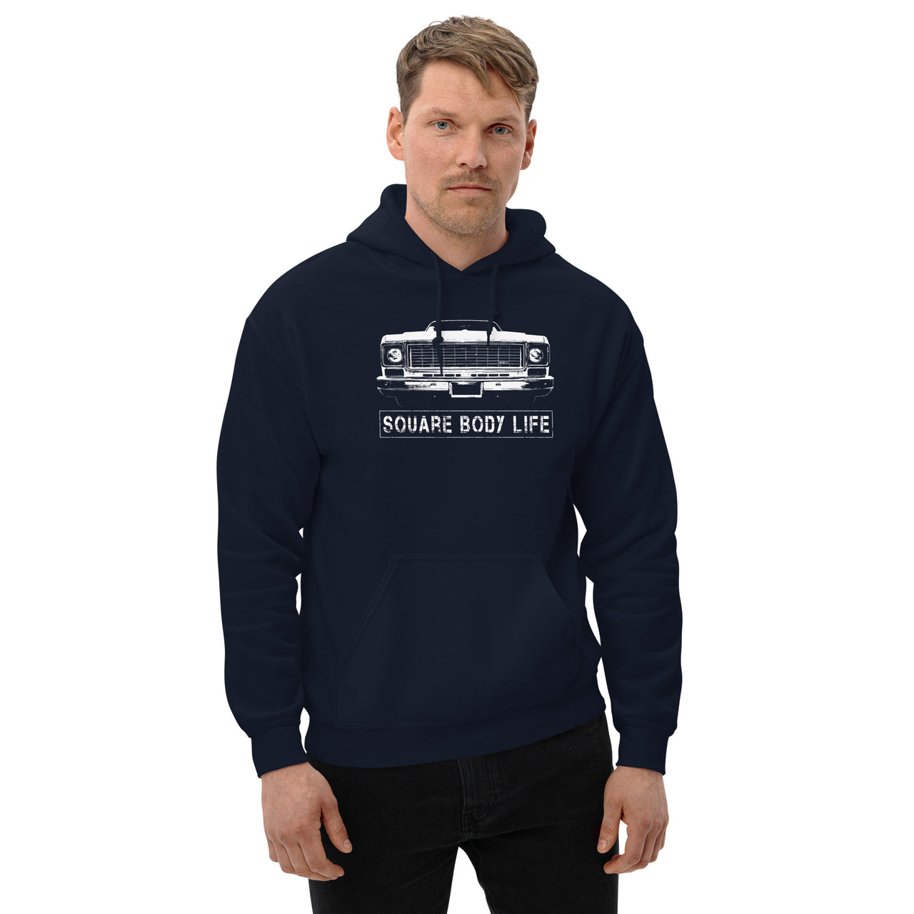 73-75 Square Body Hoodie modeled in navy