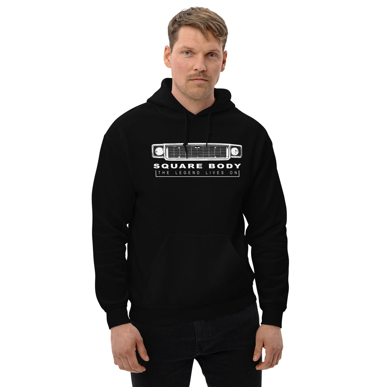 70s Square Body The Legend Lives On Hoodie modeled in black