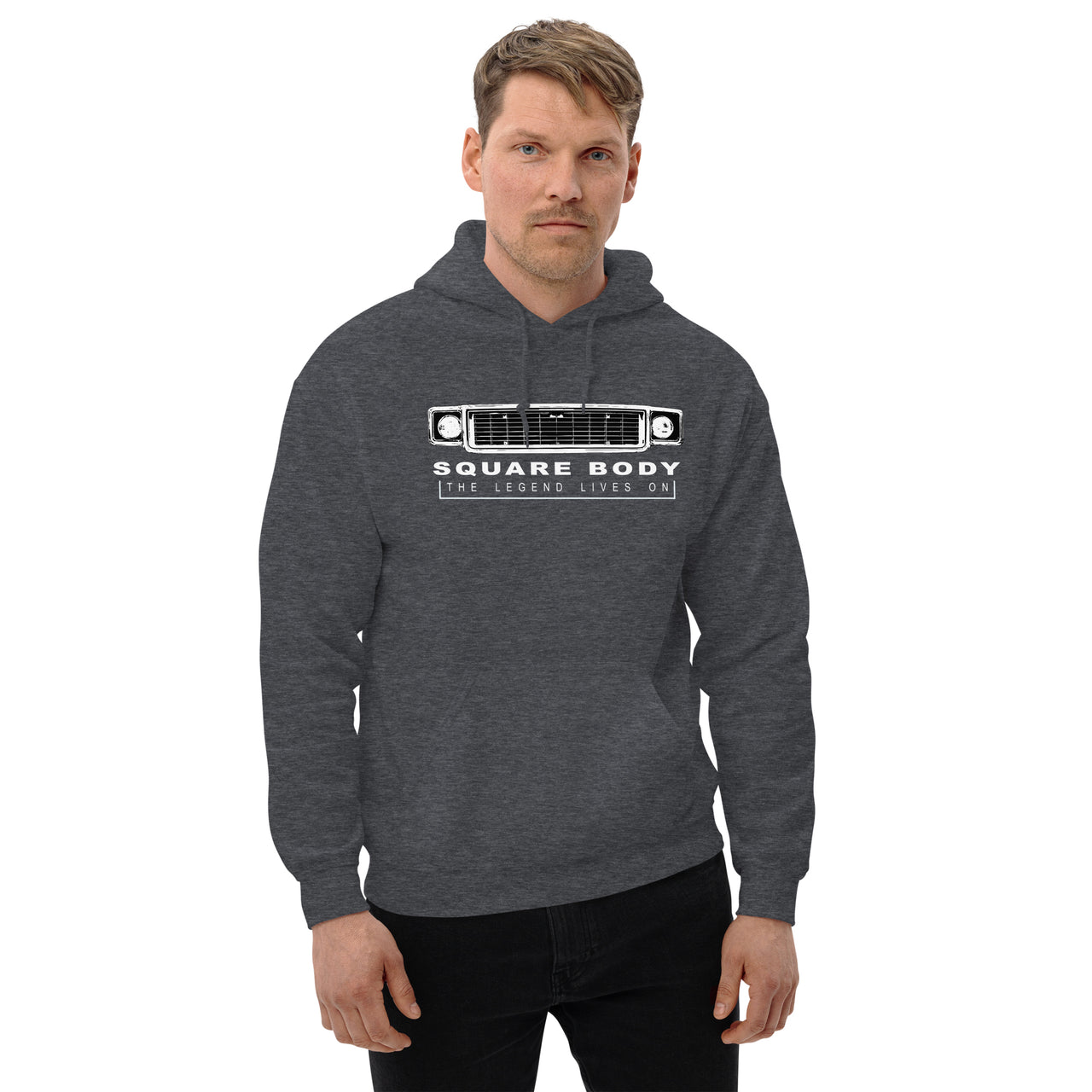 70s Square Body The Legend Lives On Hoodie modeled in grey
