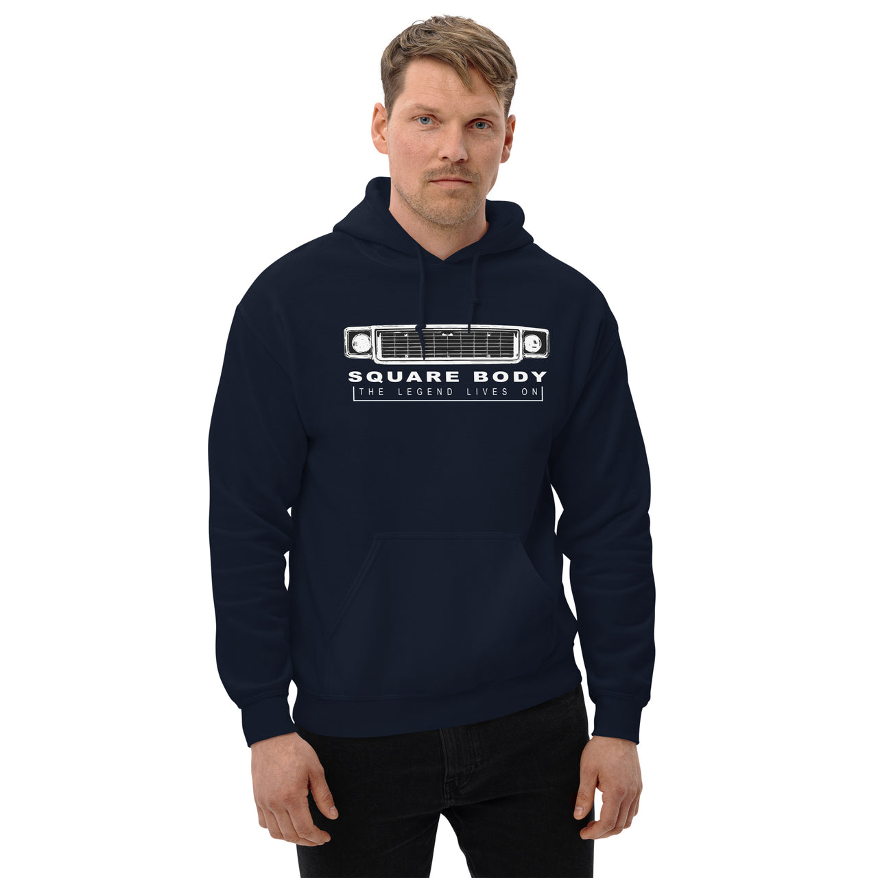 70s Square Body The Legend Lives On Hoodie modeled in navy