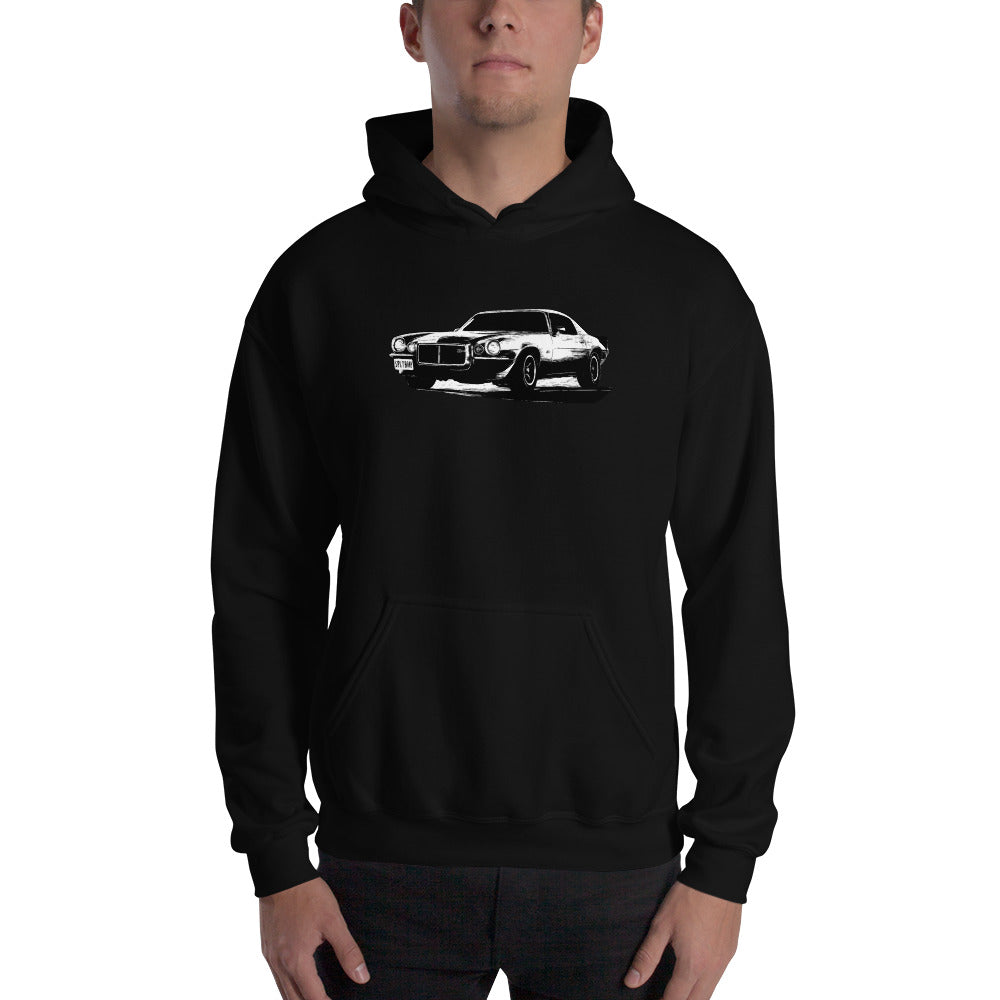 73 camaro hoodie modeled in black