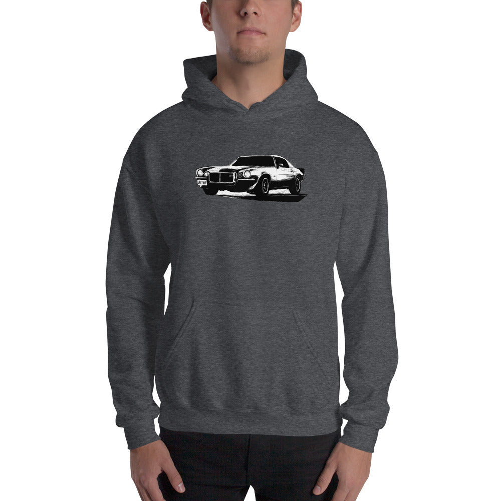 73 camaro hoodie modeled in grey