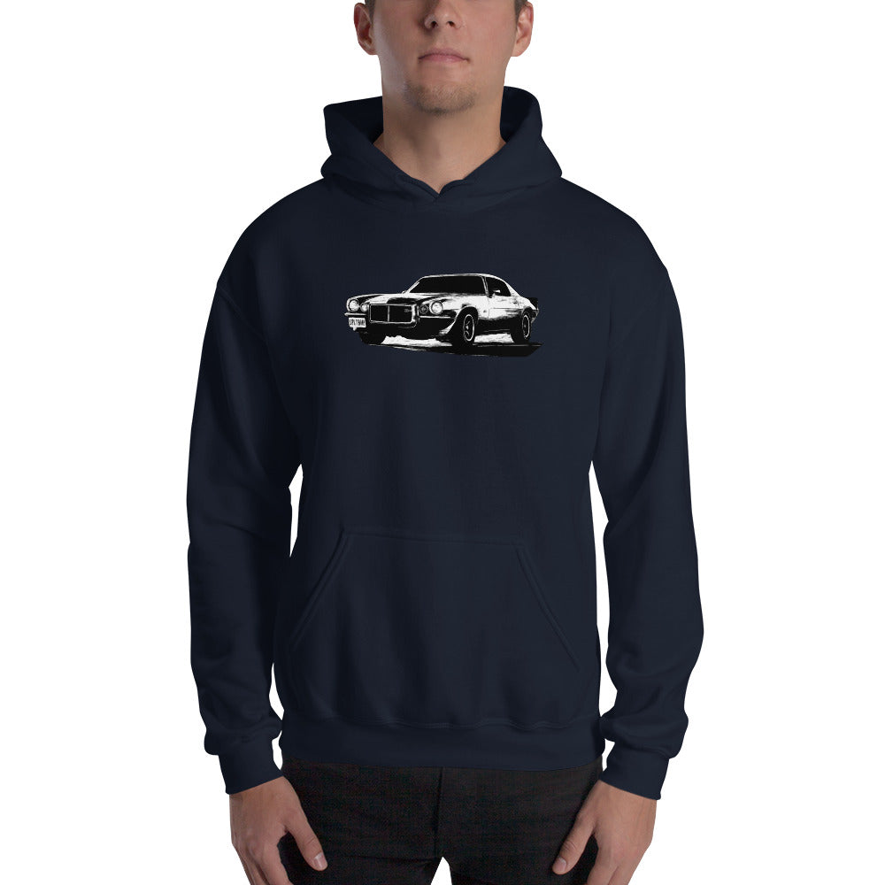 73 camaro hoodie modeled in navy