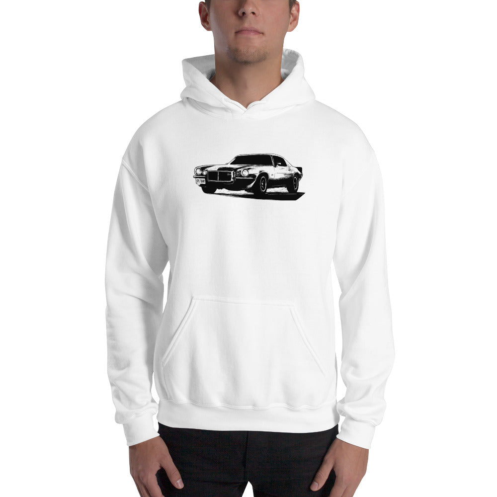 73 camaro hoodie modeled in white