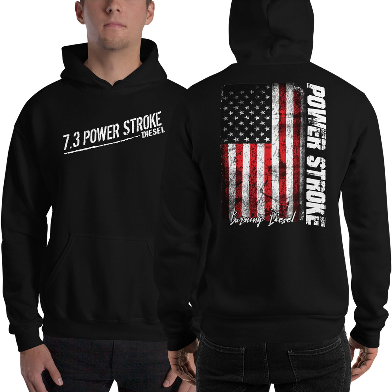 7.3 Power Stroke Diesel Hoodie, American Flag Sweatshirt modeled n black