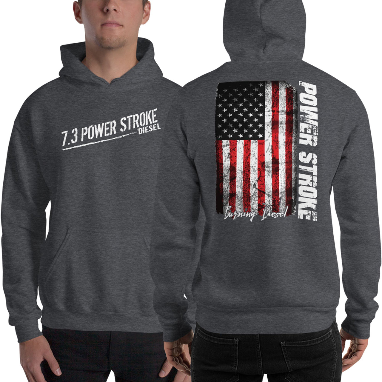 7.3 Power Stroke Diesel Hoodie, American Flag Sweatshirt modeled in grey