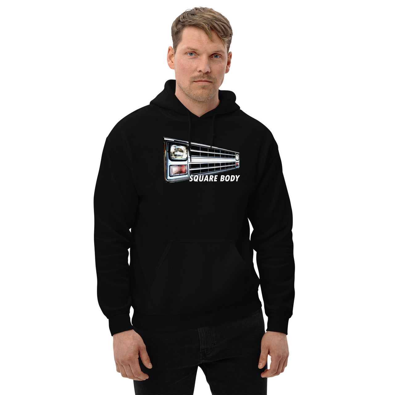Square Body Truck 80s Angled Grille Hoodie modeled in black