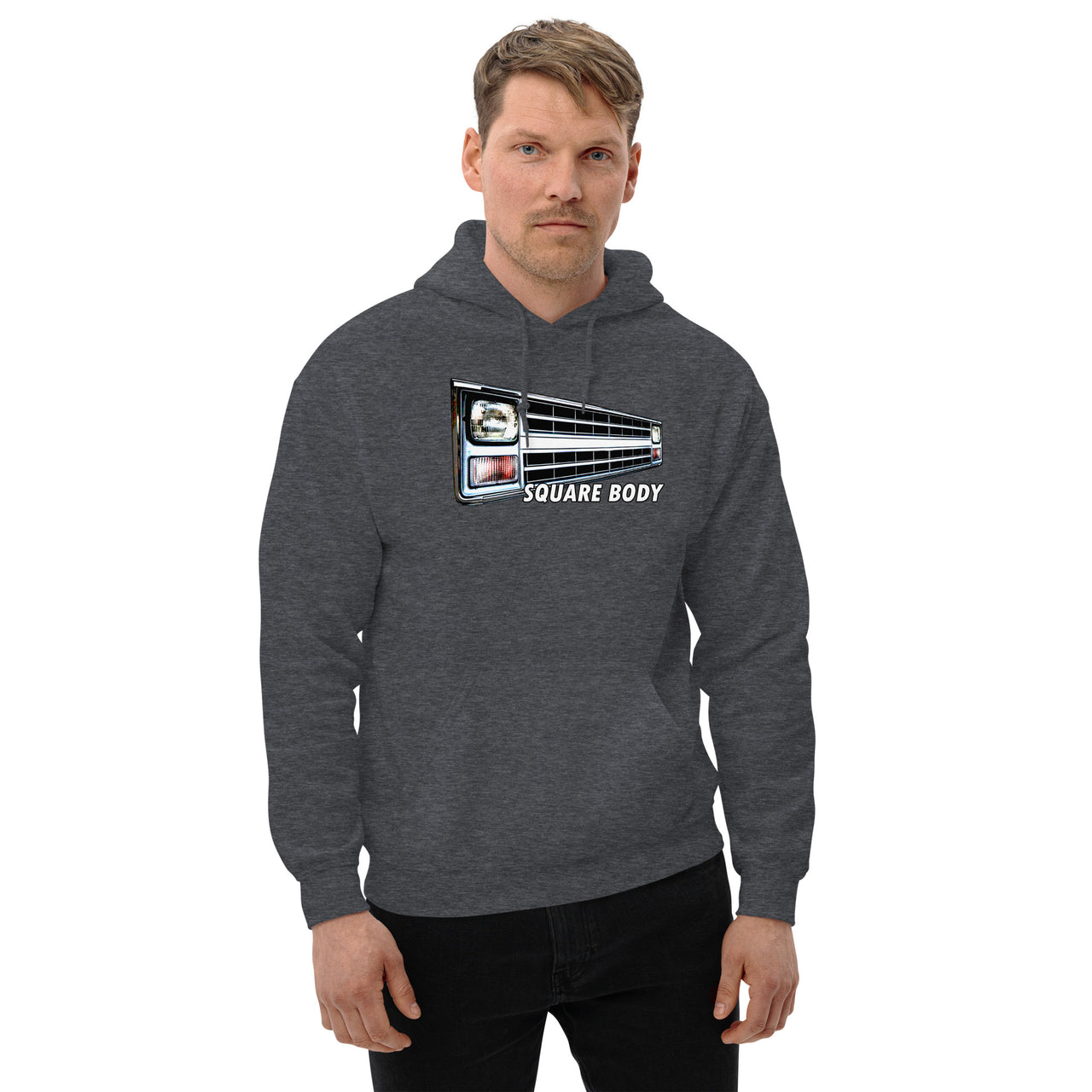 Square Body Truck 80s Angled Grille Hoodie modeled in grey