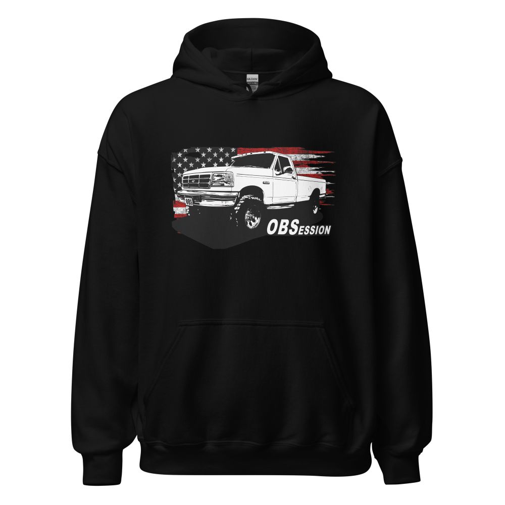 Single Cab OBS Ford 4x4 Hoodie With American Flag Background - Aggressive Thread auto Apparel - Color Black