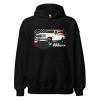 Thumbnail for Single Cab OBS Ford 4x4 Hoodie With American Flag Background - Aggressive Thread auto Apparel - Color Black