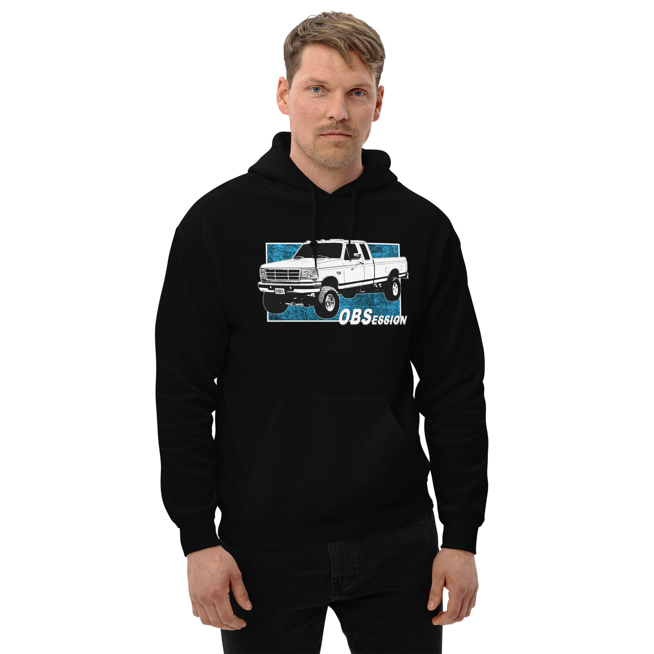 OBS Ext Cab Ford 4X4 Truck Hoodie modeled in black