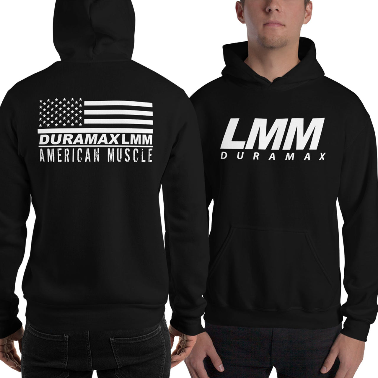 Man Wearing A LMM Duramax American Flag Hoodie From Aggressive Thread - Color Black
