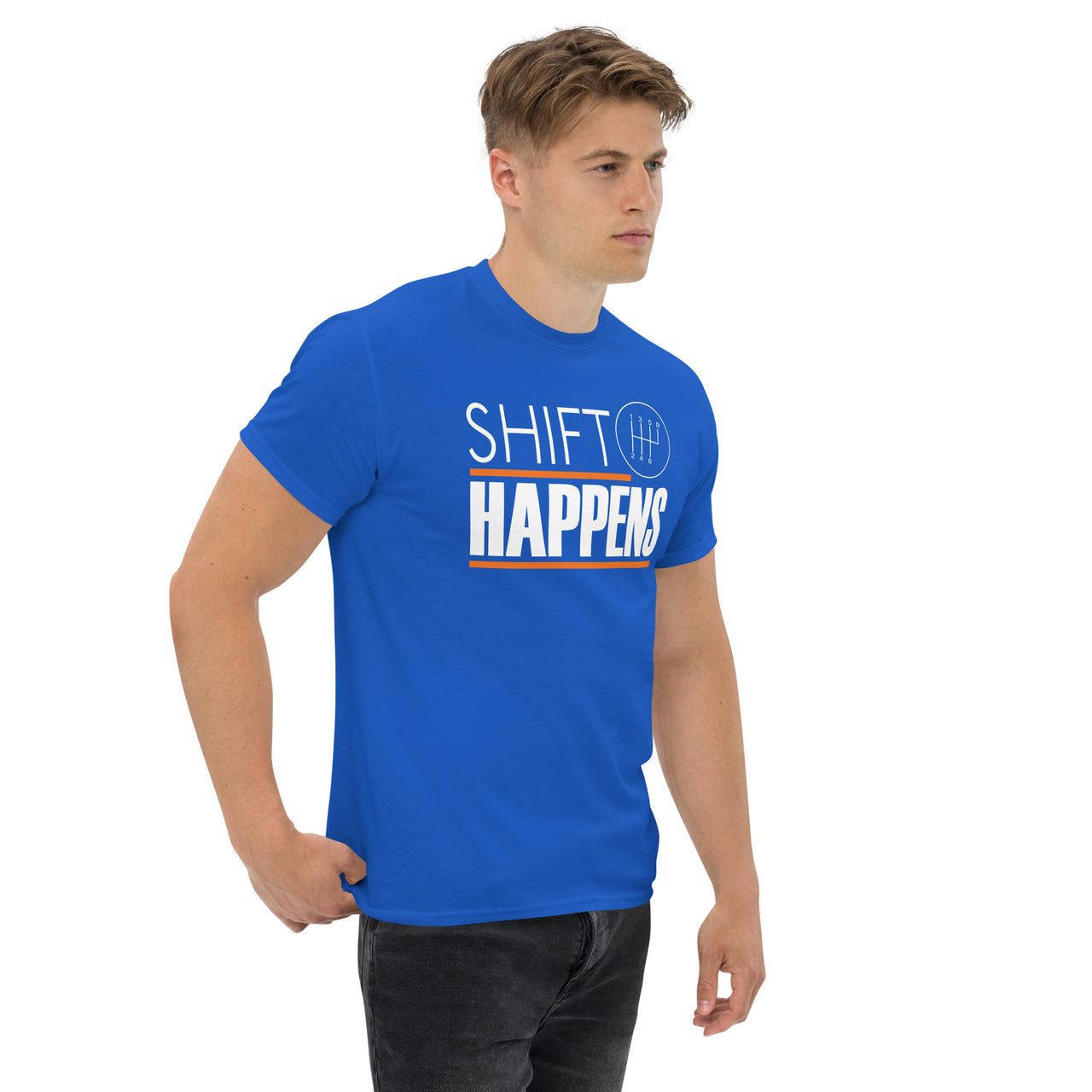Car Enthusiast T-Shirt, Shift Happens Shirt, Manual Transmission Tee modeled in blue