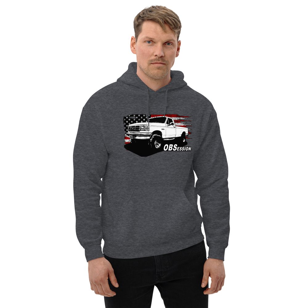 Man Wearing a Single Cab OBS Ford 4x4 Hoodie With American Flag Background - Aggressive Thread auto Apparel - Color Grey