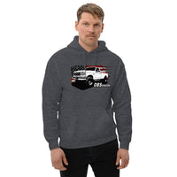 Thumbnail for Man Wearing a Single Cab OBS Ford 4x4 Hoodie With American Flag Background - Aggressive Thread auto Apparel - Color Grey
