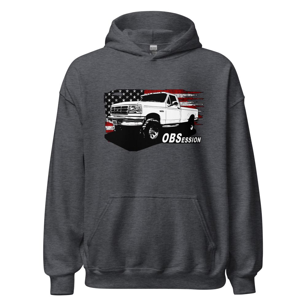 Single Cab OBS Ford 4x4 Hoodie With American Flag Background - Aggressive Thread auto Apparel - Color Grey