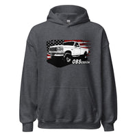 Thumbnail for Single Cab OBS Ford 4x4 Hoodie With American Flag Background - Aggressive Thread auto Apparel - Color Grey