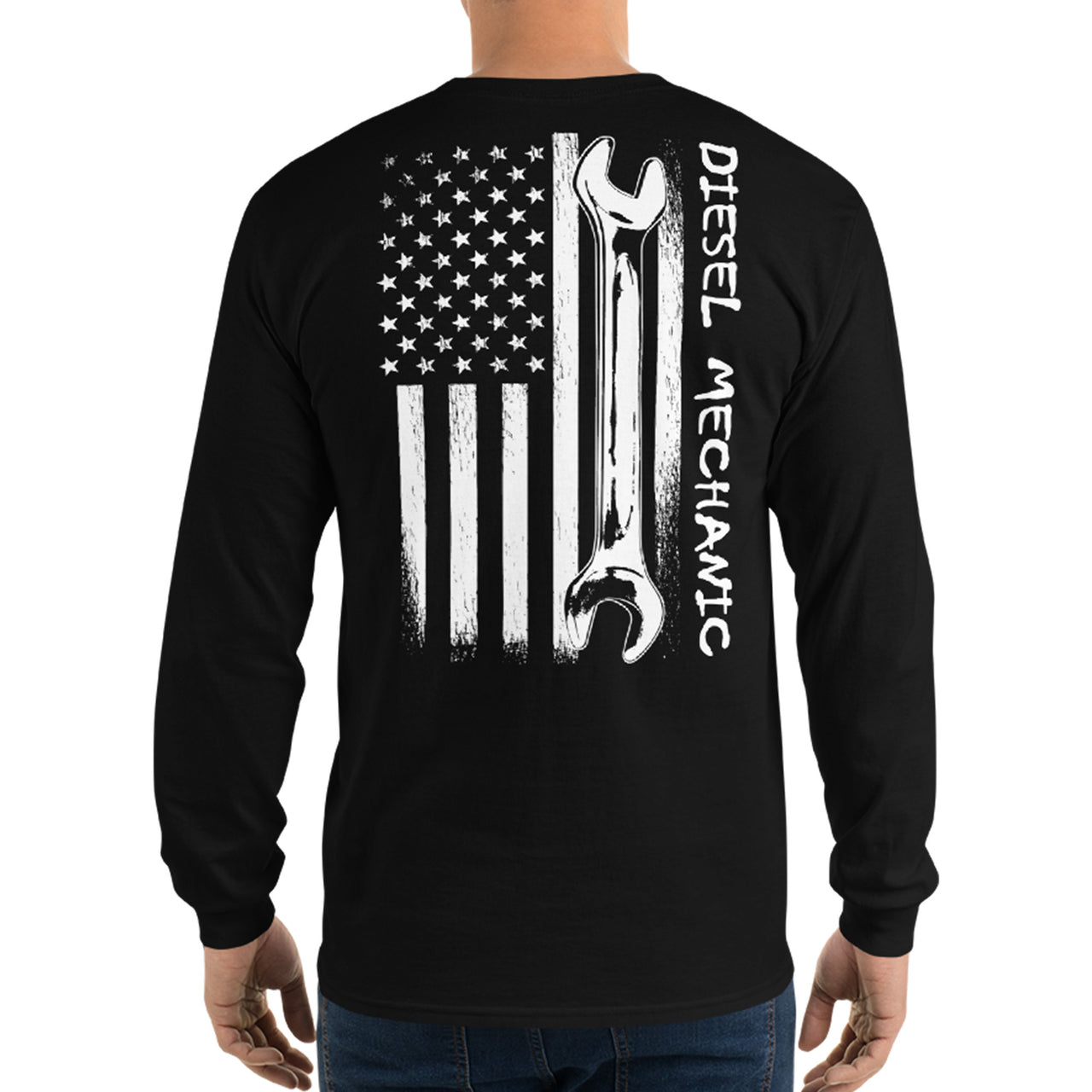 Diesel Mechanic American Flag Long Sleeve T-Shirt modeled in black back view