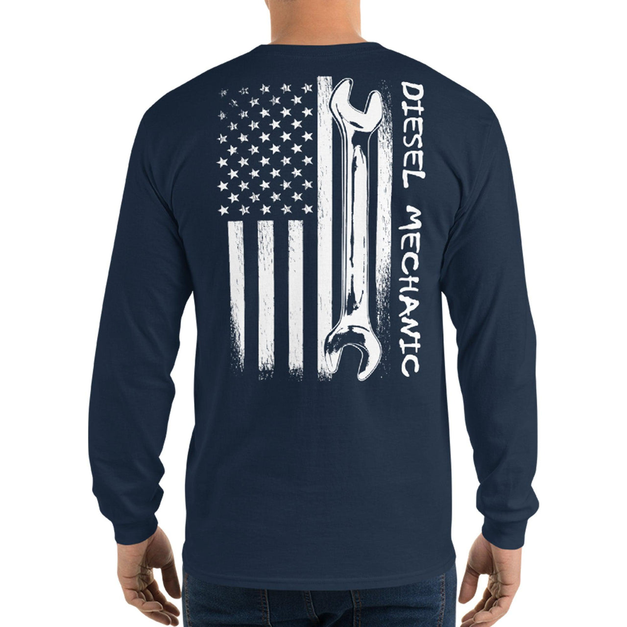 Diesel Mechanic American Flag Long Sleeve T-Shirt modeled in navy back view