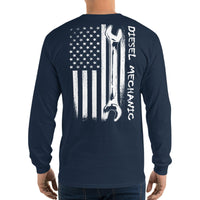 Thumbnail for Diesel Mechanic American Flag Long Sleeve T-Shirt modeled in navy back view