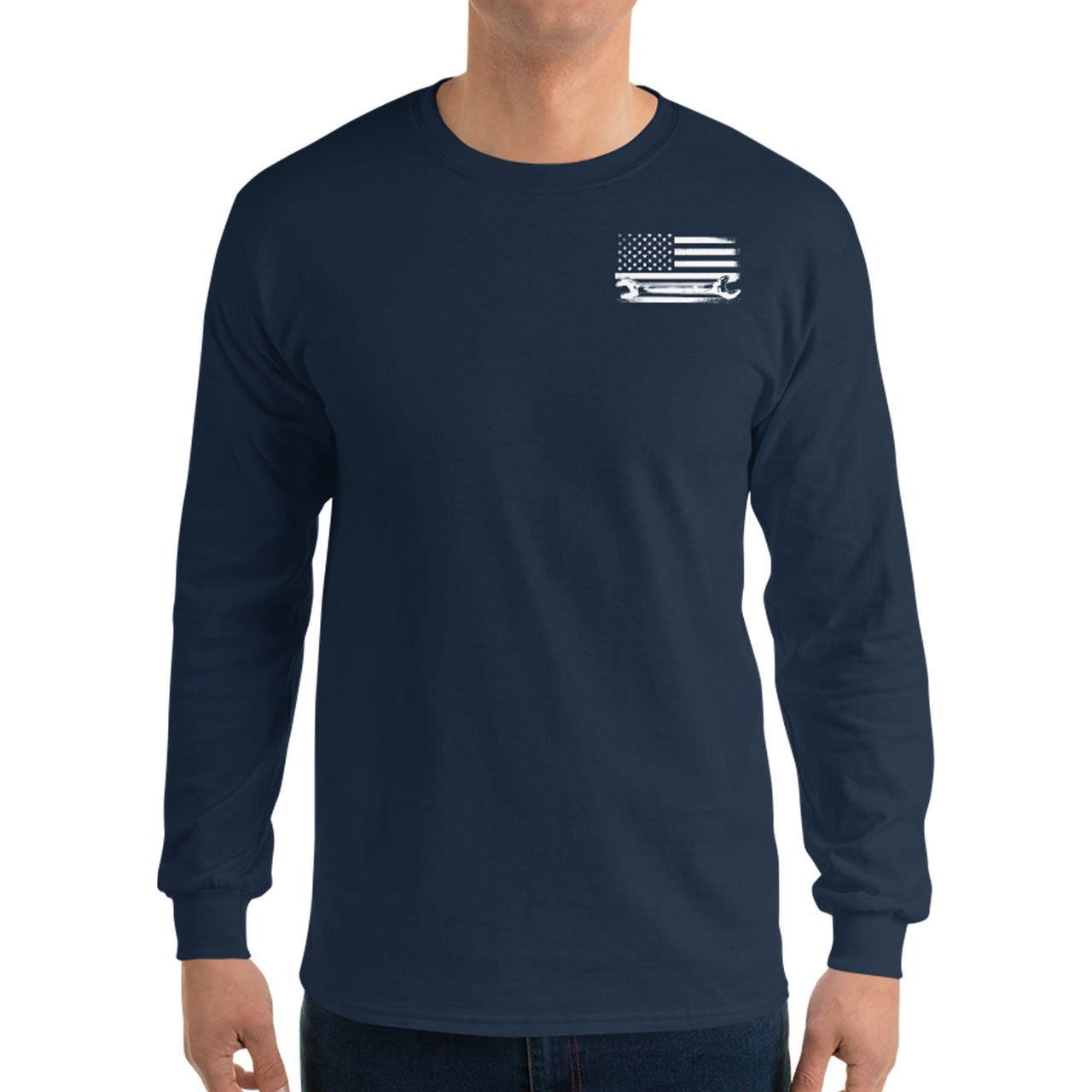 Diesel Mechanic American Flag Long Sleeve T-Shirt modeled in navy front view