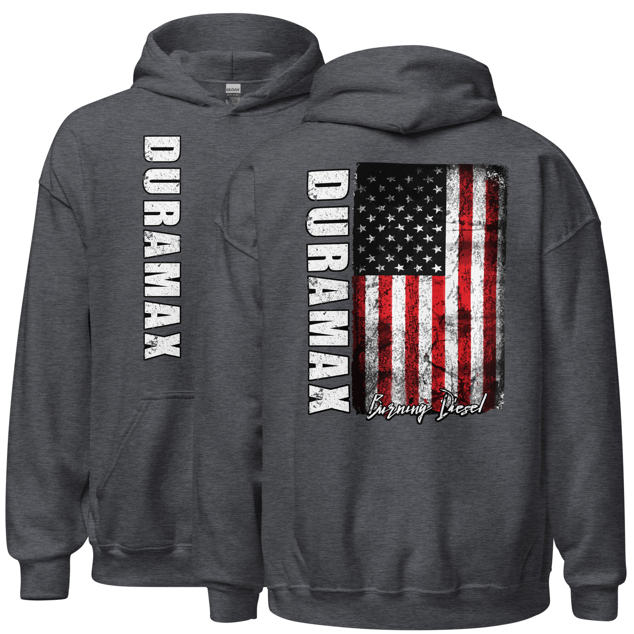 Duramax American Flag Hoodie, Patriotic Diesel Truck Sweatshirt-In-Dark Heather-From Aggressive Thread