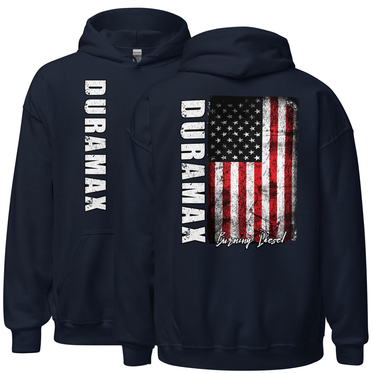 Duramax American Flag Hoodie, Patriotic Diesel Truck Sweatshirt-In-Navy-From Aggressive Thread