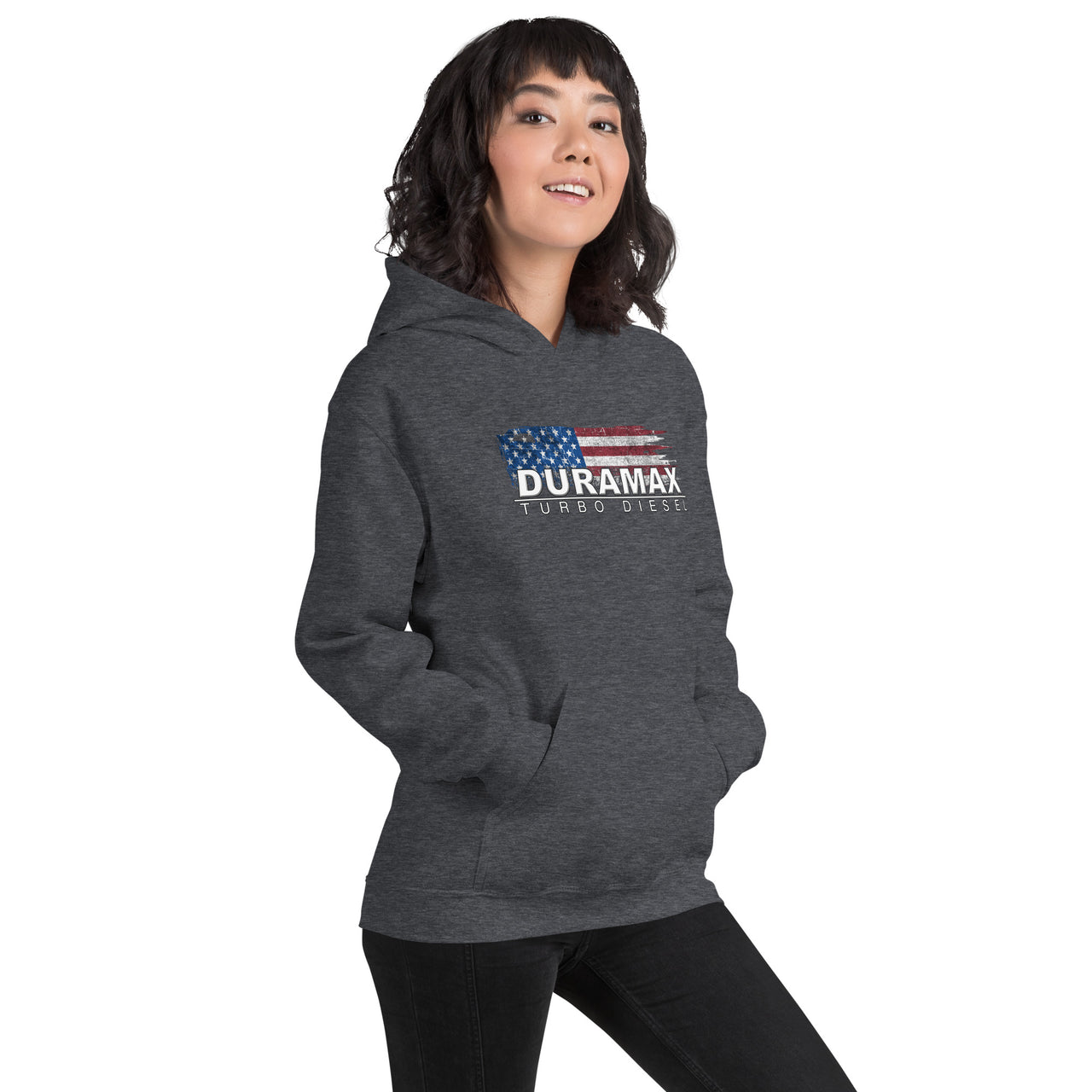 Duramax Hoodie With Patriotic Design modeled in dark heather