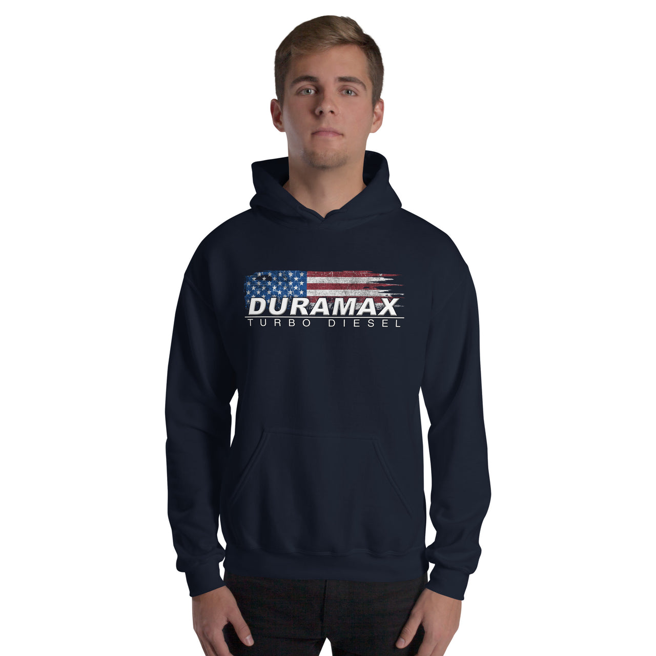 Duramax Hoodie With Patriotic Design modeled in navy