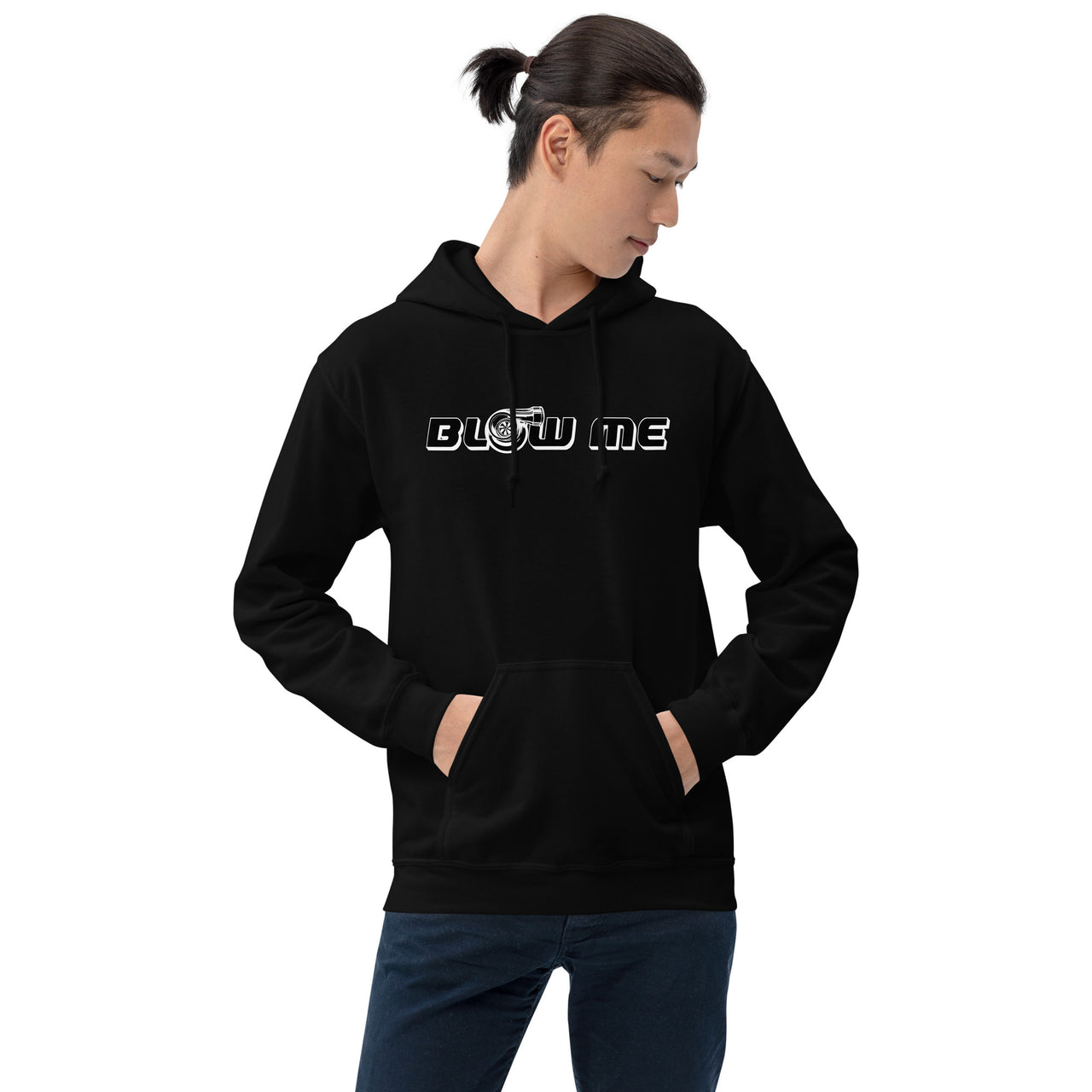 Funny Car Enthusiast Hoodie Blow Me Turbo Sweatshirt modeled in black
