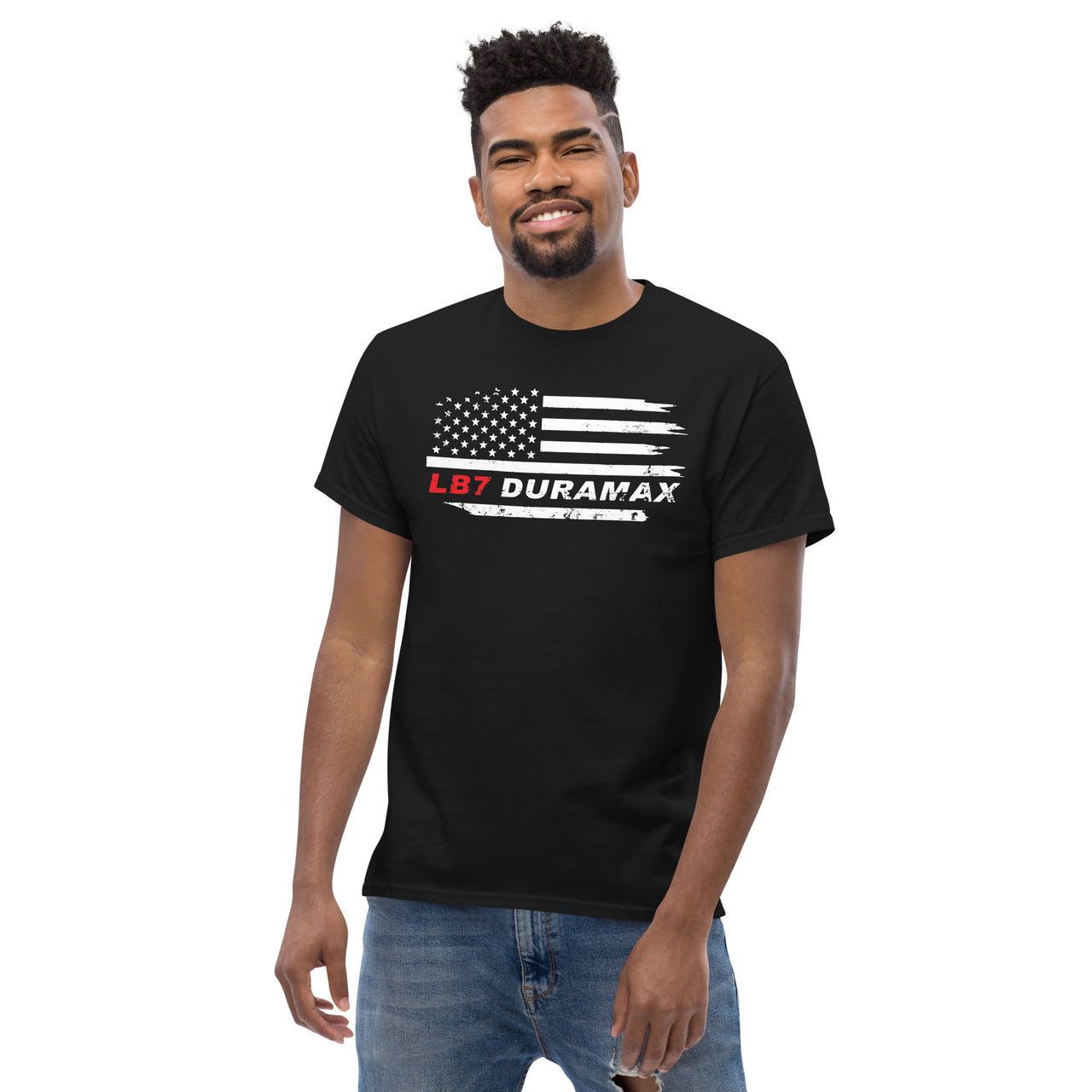 LB7 Duramax T-Shirt With American Flag Design - modeled in black