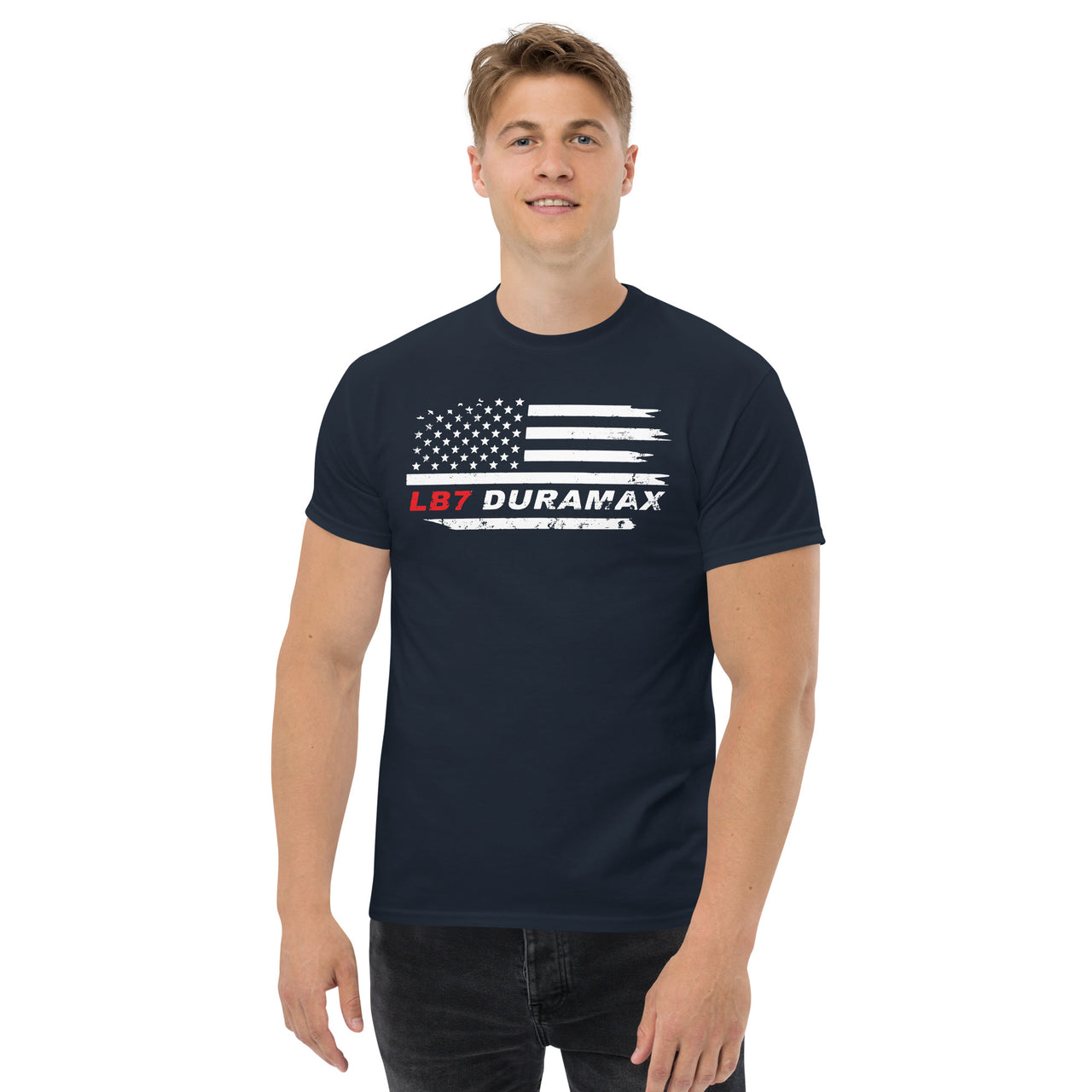 LB7 Duramax T-Shirt With American Flag Design - modeled in navy