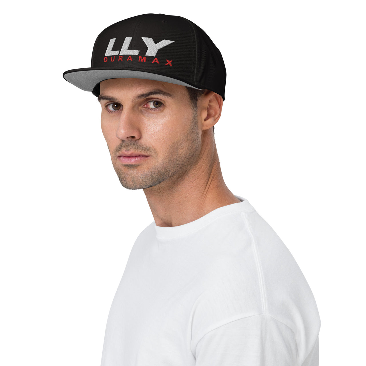 LLY Duramax Snapback Hat Embroidered Baseball Cap modeled on man