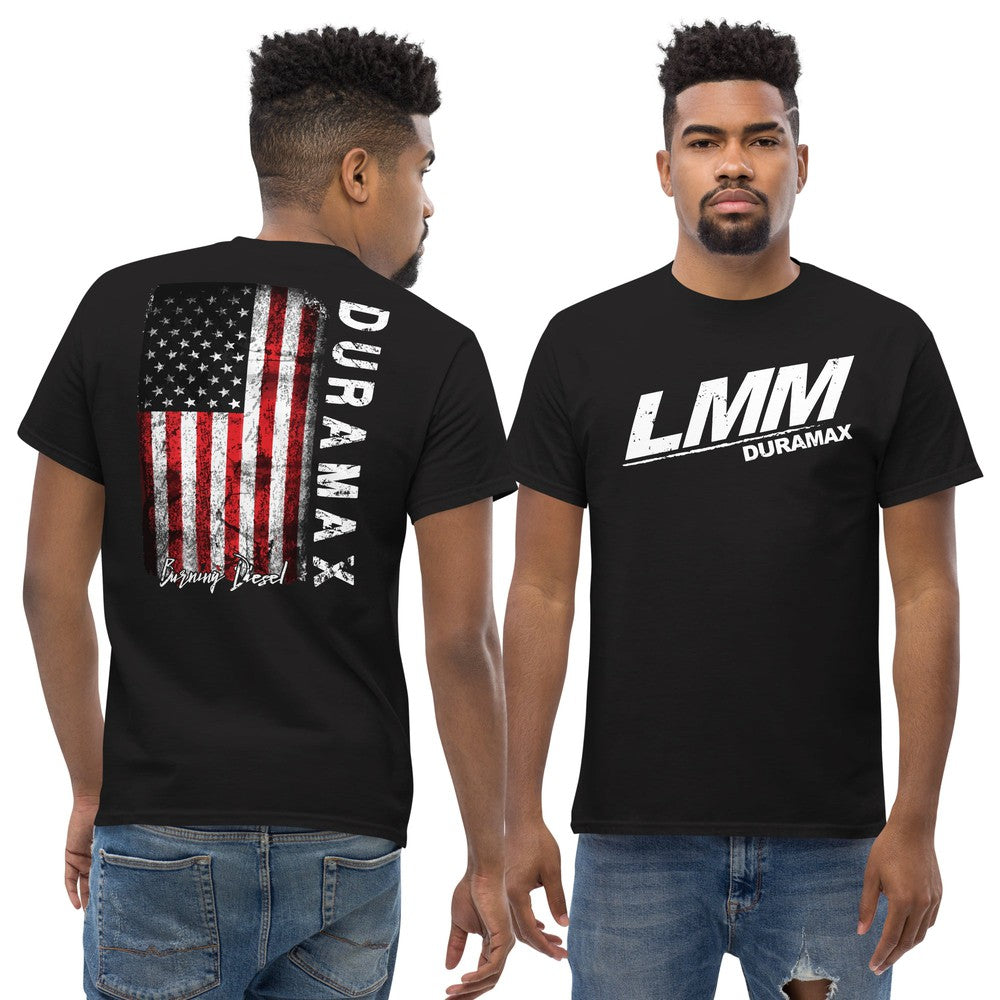 LMM Duramax T-Shirt Diesel Truck Shirt With American Flag Design modeled in black