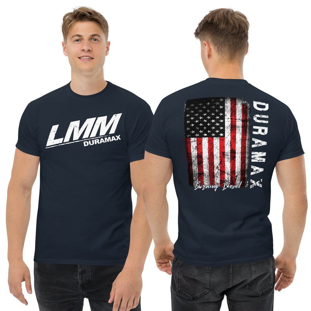 LMM Duramax T-Shirt Diesel Truck Shirt With American Flag Design modeled in navy